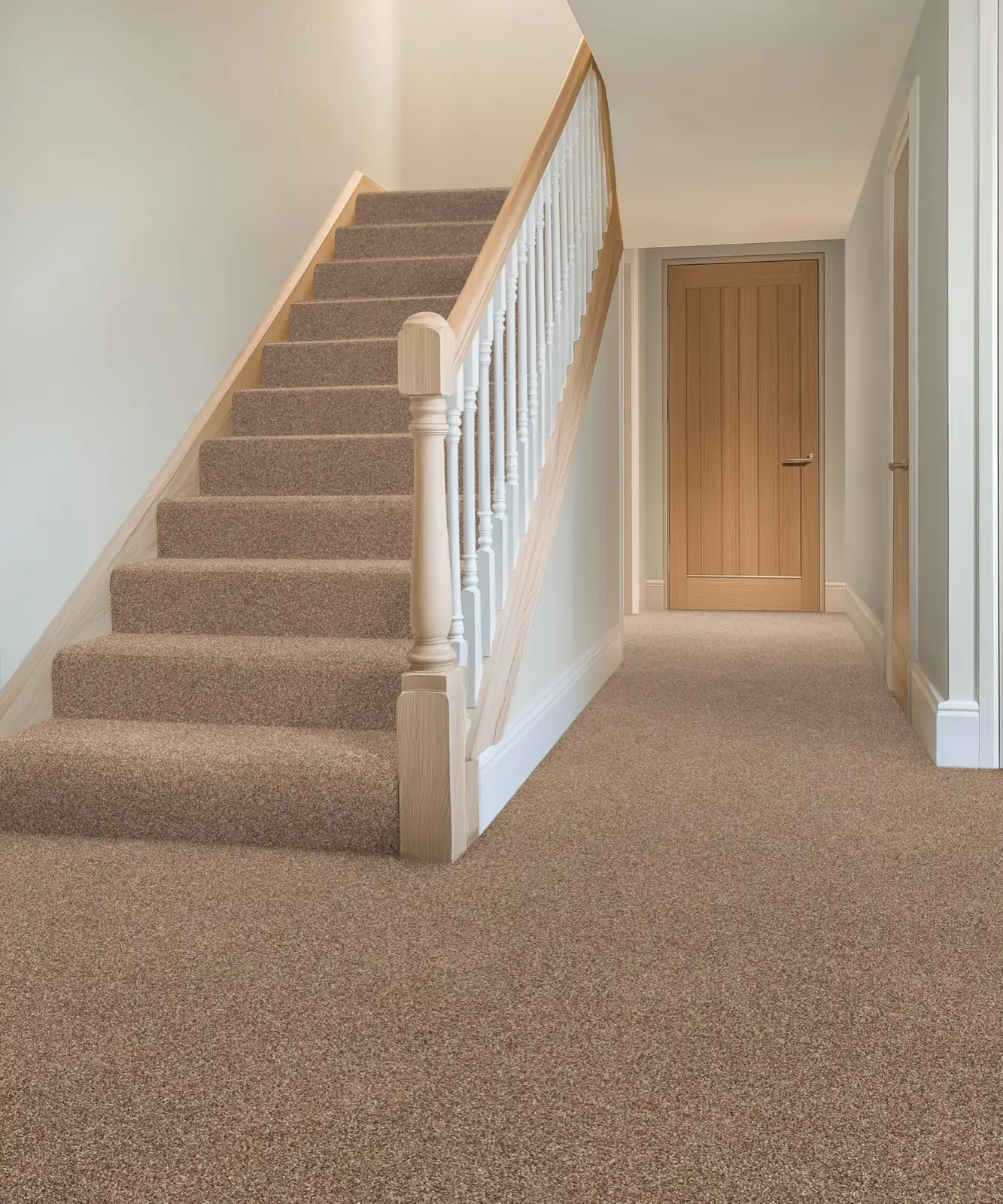 Hallway and staircase fitted with a warm Woodland carpet