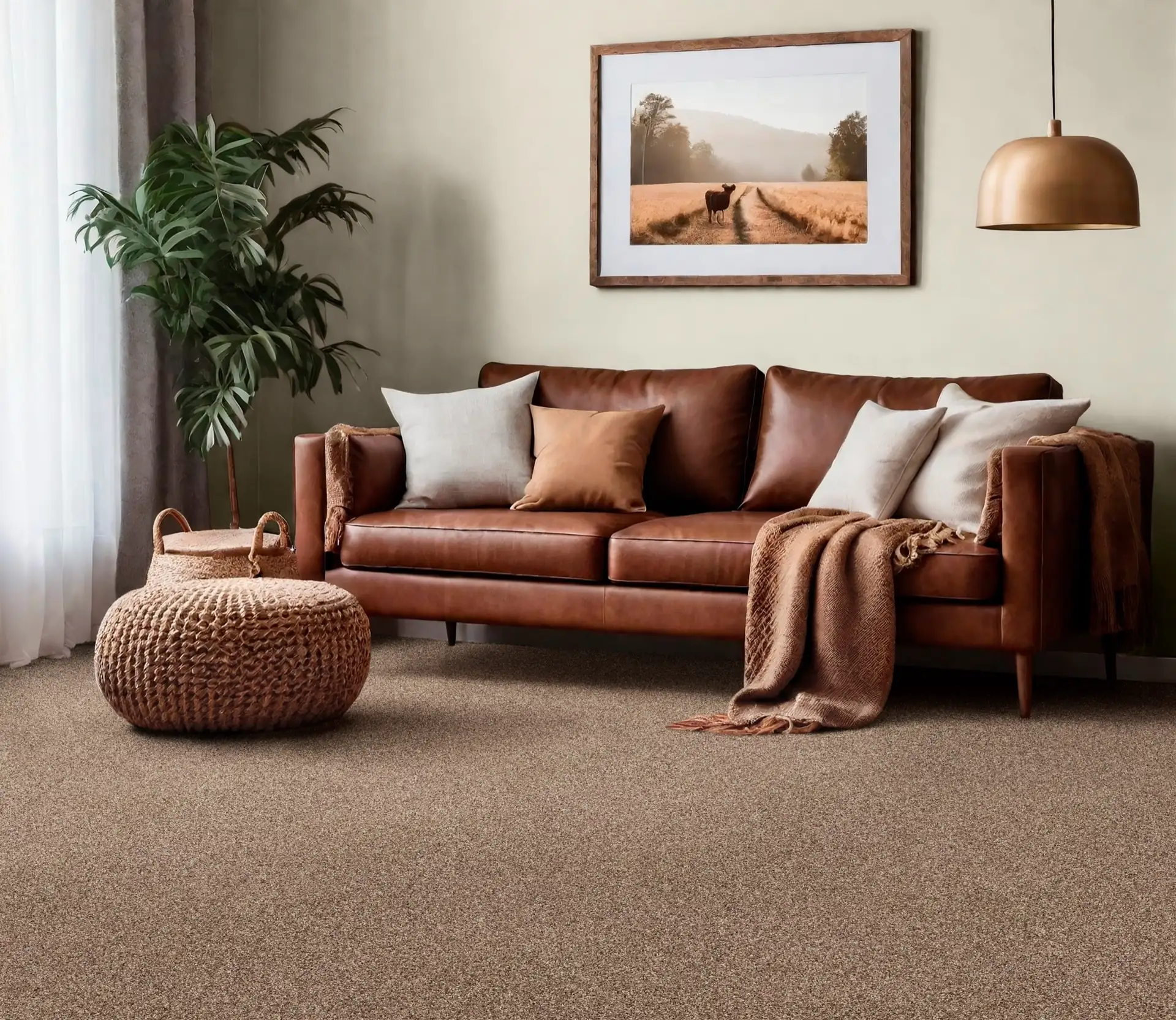 Warm living room with a leather sofa on a Woodland carpet