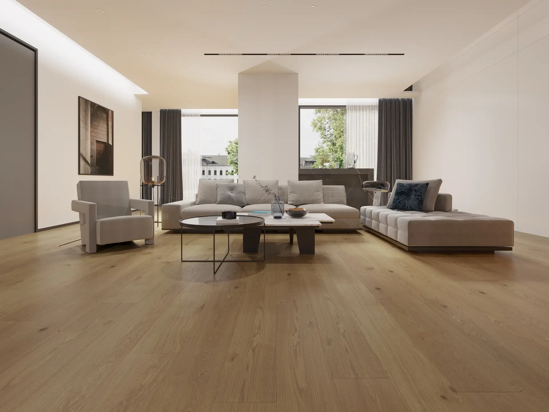 Calm open-plan living room with oak flooring